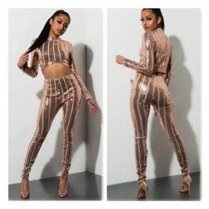 Rose Gold Sparkle Crop Top And Pant Set